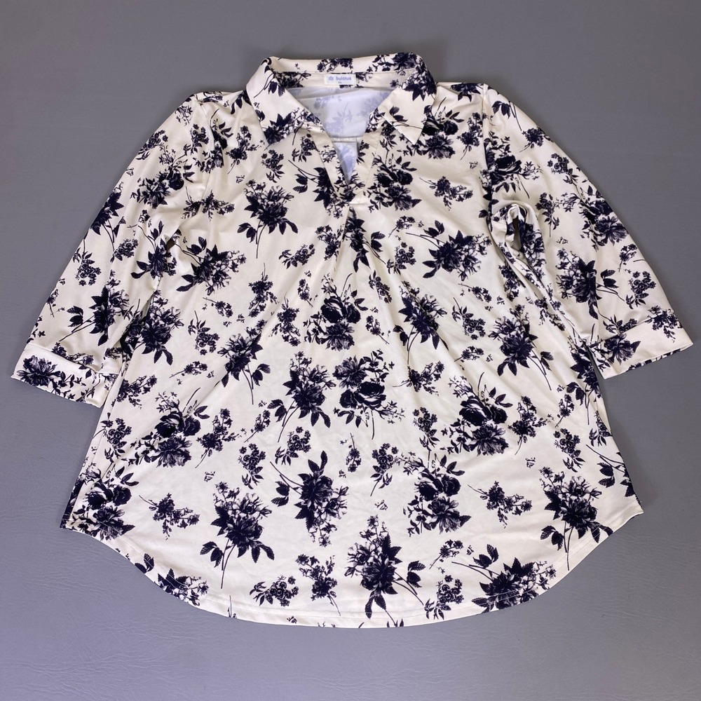Bulotus‎ Tunic Top Blouse Women's 2XL Floral V-Neck Cream Navy Blue 3/4 Sleeve